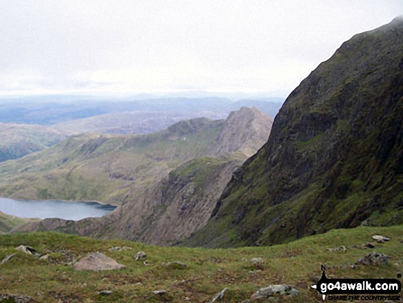 Walk gw186 Garnedd Ugain, Snowdon (Yr Wyddfa) & Moel Cynghorion from Llanberis - Glaslyn and Clogwyn y Garnedd  from Bwlch Glas just below the summit of Mount Snowdon (Yr Wyddfa)