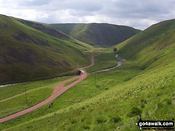 Walk n140 Cushat Law and Bloodybush Edge from Alwinton - The River Alwin and Alwindale with Rookland Hill and Clennell Hill beyond from Clennell Street