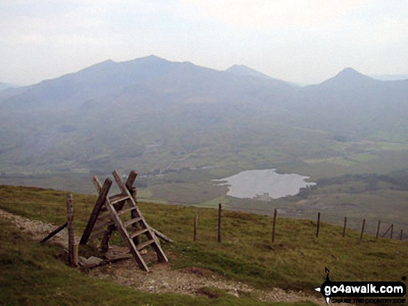 The Snowdon Massif (Garnedd Ugain (Crib y Ddysgl), Snowdon (Yr Wyddfa), Y Lliwedd & Yr Aran) and Llyn y Dywarchen from Mynydd Drws-y-coed 