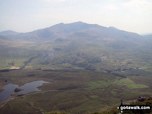 The Snowdon Massif - featuring Garnedd Ugain (Crib y Ddysgl), Snowdon (Yr Wyddfa), Bwlch Main, Llechog (Llanberis Path), Clogwyn Du and Y Lliwedd from Y Garn (Moel Hebog) with Llyn y Dywarchen and Rhyd Ddu in the valley below 