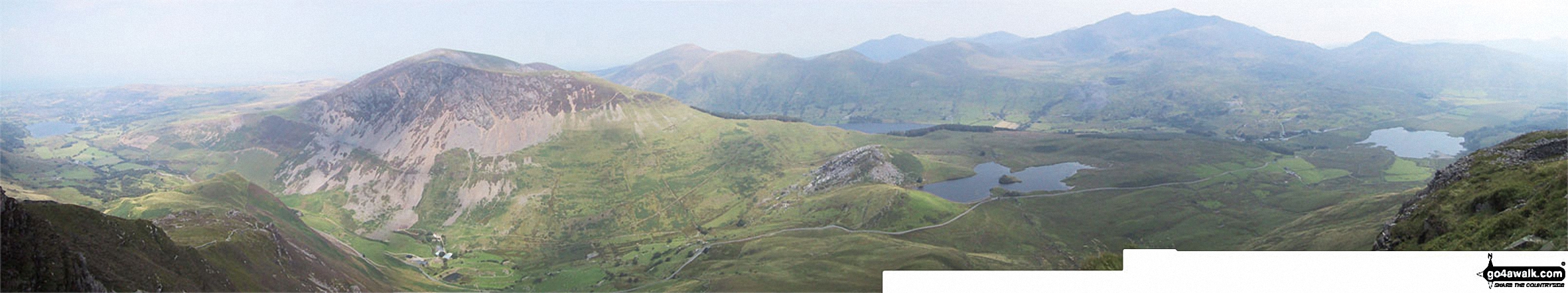 Llyn Nantlle Uchaf, Dyffryn Nantlle, Mynydd Mawr, Rhyd Ddu, Llyn y Dywarchen, The Snowdon Massif (Moel Eilio (Llanberis), Foel Gron, Moel Cynghorion, Garnedd Ugain (Crib y Ddysgl), Snowdon (Yr Wyddfa), Y Lliwedd and Yr Aran from Y Garn (Moel Hebog)