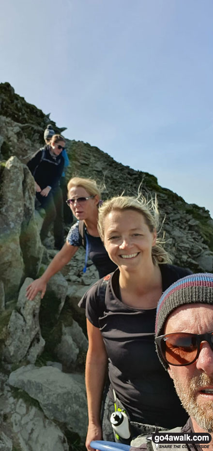 Walk c394 Helvellyn, Catstye Cam and Sheffield Pike from Glenridding - Myself, Emma Cooper & Rachel Hargreaves descending Helvellyn via Swirral Edge