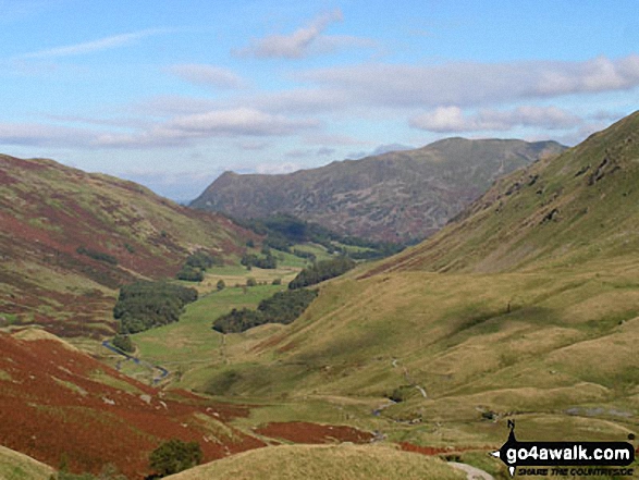 Walk c148 The Silurian Way in the Grizedale Forest - Birkhouse Moor (left), St Sunday Crag (right) and Place Fell (centre) from near Grisedale Tarn