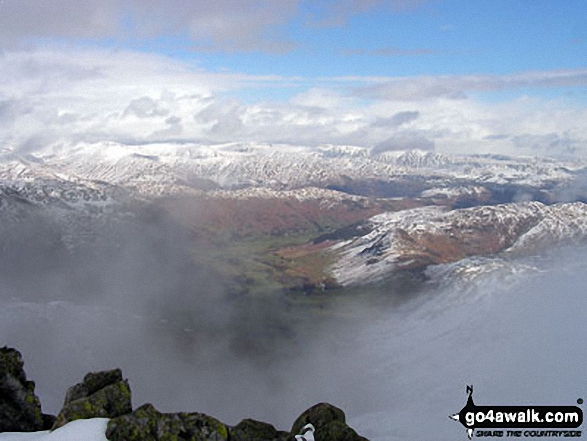 Walk c414 Crinkle Crags and Bow Fell (Bowfell) from The Old Dungeon Ghyll, Great Langdale - Great Langdale and the distant fells from Crinkle Crags