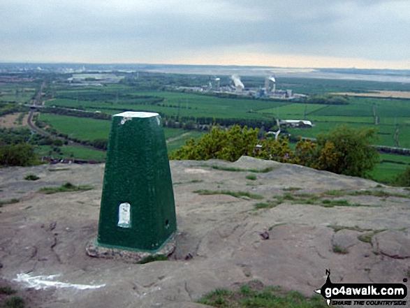 Walk ch110 Helsby Hill and The Sandstone Trail from Frodsham - Helsby Hill summit trig point with Ellesmere Port and The Mersey Estuary beyond