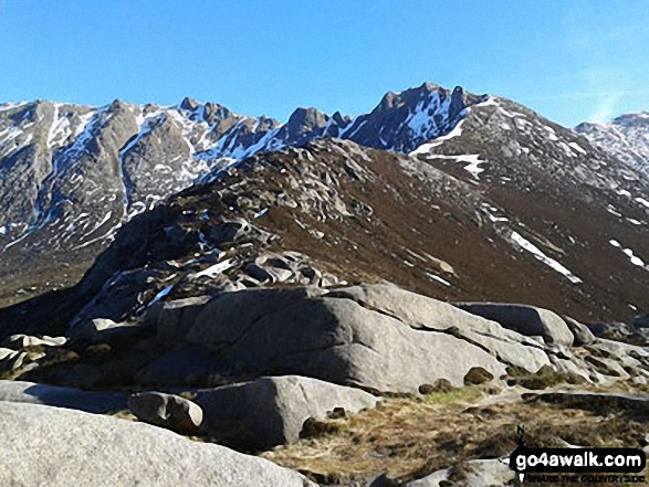 Heading up to North Goatfell and Goatfell from The Saddle, Cir Mhor at the head of Glen Sannox, Isle of Arran 