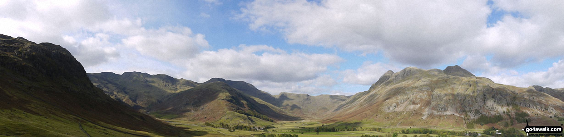 Walk c414 Crinkle Crags and Bow Fell (Bowfell) from The Old Dungeon Ghyll, Great Langdale - Crinkle Crags (South Top), Crinkle Crags (Long Top), Crinkle Crags (Gunson Knott), Shelter Crags, Shelter Crags, (North Top), The Band , Bow Fell (Bowfell) and Bow Fell (Bowfell) (North Top), Esk Pike, Rossett Pike and The Langdale Pikes including Pike of Stickle (Pike o' Stickle) (left) Loft Crag and Harrison Stickle from Stool End, Great Langdale