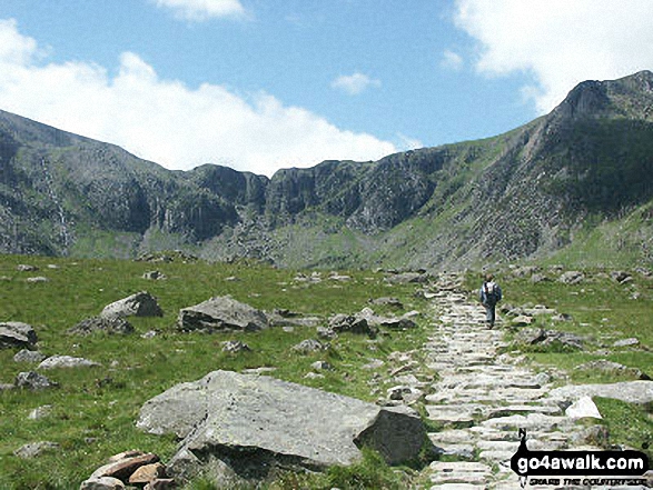 Cwm Idwal featuring Glyder Fawr (left), Twll Du or The Devil's Kitchen (centre) and Y Garn (right)