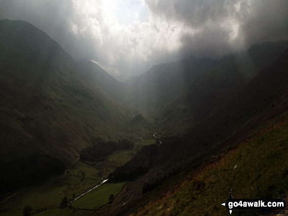 Walk c220 Helvellyn via Striding Edge from Glenridding - Storms brewing over St Sunday Crag (far left), Fairfield (left) and Dollywaggon Pike (right) and Grisedale from Brownend Plantation