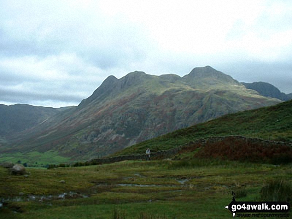 Walk c298 Pike of Blisco (Pike o' Blisco) and Wrynose Pass from The Old Dungeon Ghyll, Great Langdale - The Langdale Pikes - featuring (from left to right) Pike of Stickle, Loft Crag and Harrison Stickle from near Blea Tarn (Langdale)