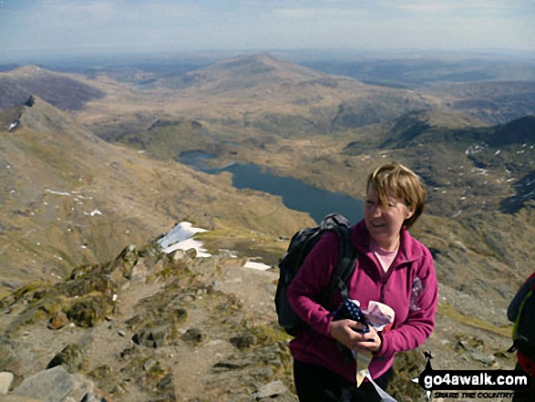 Walk gw186 Garnedd Ugain, Snowdon (Yr Wyddfa) & Moel Cynghorion from Llanberis - On the summit of Snowdon (Yr Wyddfa) with Crib Goch (left) and Llyn Llydaw (right) in the background