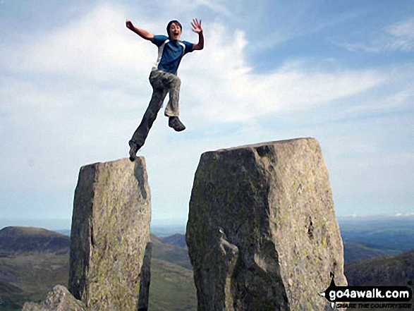 Walk gw115 Glyder Fach, Castell y Gwynt and Glyder Fawr from Ogwen Cottage, Llyn Ogwen - My son Joe jumping for joy between Adam and Eve on the top of Tyfan