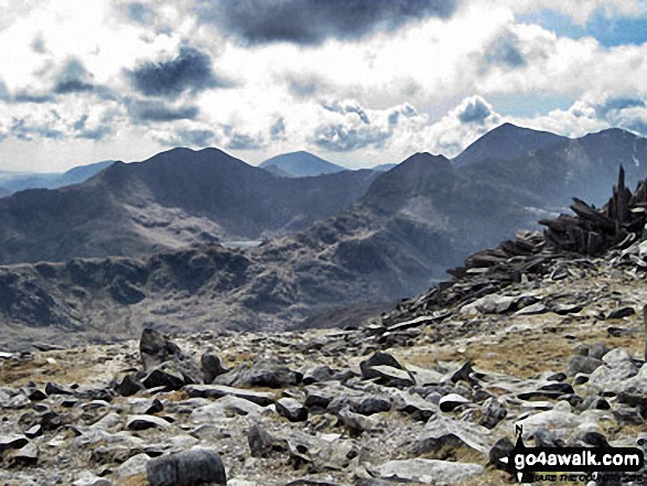 Walk gw115 Glyder Fach, Castell y Gwynt and Glyder Fawr from Ogwen Cottage, Llyn Ogwen - The Snowdon Horseshoe from Glyder Fach - featuring in the mid-distance: Y Lliwedd (centre left), Crib Goch (centre right), Snowdon (Yr Wyddfa) and Garnedd Ugain (Crib y Ddysgl) (far right)