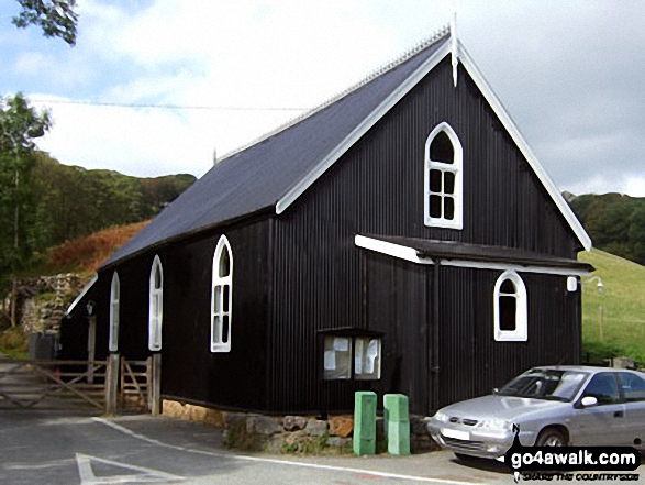 Black timber clad church in Ganllwyd 