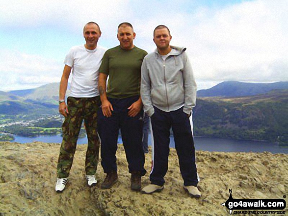 Walk c313 The Newlands Fells from Hawes End - Me and my mates on top of Cat Bells (Catbells) with Derwent Water in the background