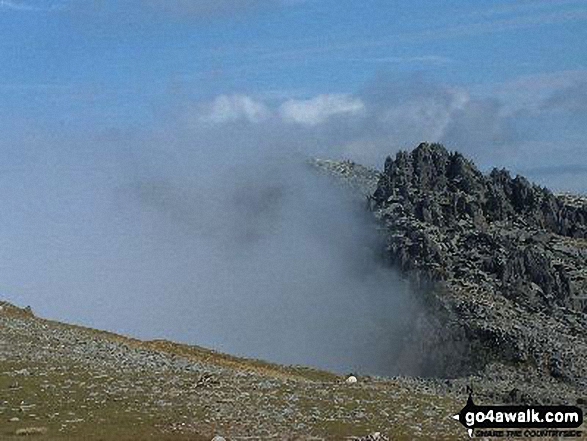 Bwlch y Ddwy-Glyder, Castell y Gwynt and Glyder Fach from Glyder Fawr in mist 