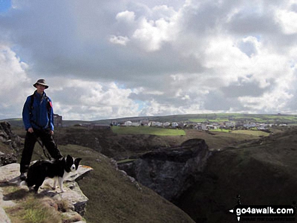 Walk co167 Trevalga Cliffs, Tintagel Head and Trebarwith Sands from Tintagel - My dog and hubby after a steep cliff climb near Tintagel