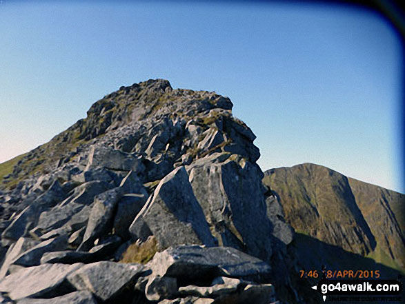 Climbing Mynydd Drws-y-coed on the Nantlle Ridge with Trum y Ddysgl beyond (right) 