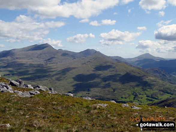 Walk gw192 Moel Hebog from Beddgelert - Snowdon (Yr Wyddfa) (left), Yr Aran and Carnedd Moel Siabod (right) from the summit of Moel Yr Ogof