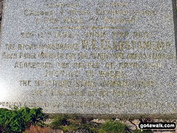 Walk gw117 Snowdon and Yr Aran via The Watkin Path from Bathania, Nantgwynant - The Plaque at Gladstone Rock on the Watkin Path up Snowdon (Yr Wyddfa)