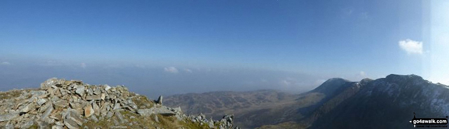 Walk gw152 Cadair Idris (Penygadair), Mynydd Moel, Cyfrwy and Gau Craig via The Pony Path - Panorama showing Cyfrwy, Mynydd Moel and Cadair Idris (Penygadair)