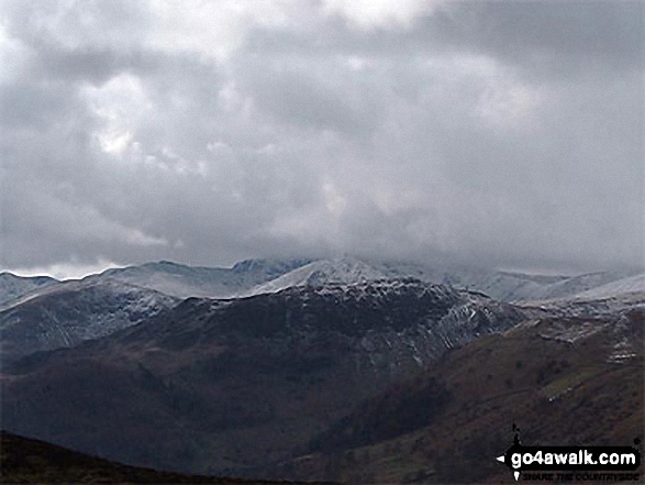 Walk c352 Gowbarrow Fell (Airy Crag) from Aira Force - Striding Edge and Helvellyn (in mist) with Birkhouse Moor in front, Catstycam and Sheffield Pike from Gowbarrow Fell (Airy Crag)