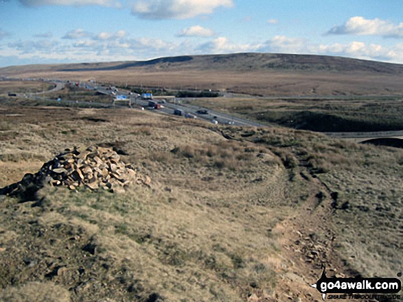 Walk wy139 Blackstone Edge and Dog Hill (Rishworth Moor) from Ryburn Reservoir - Approaching Lads Grave and The M62 via The Pennine Way across Slippery Moss