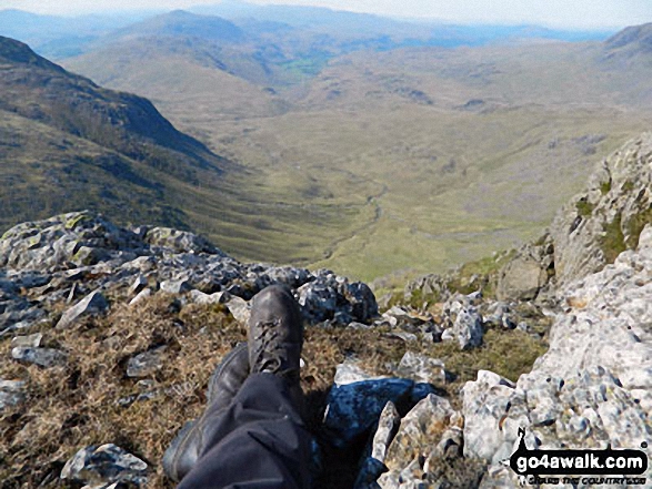 Walk c414 Crinkle Crags and Bow Fell (Bowfell) from The Old Dungeon Ghyll, Great Langdale - Looking south west towards Hard Knott, Harter Fell (Eskdale),  Lingcove Bridge and Eskdale from the summit of Bow Fell (Bowfell)