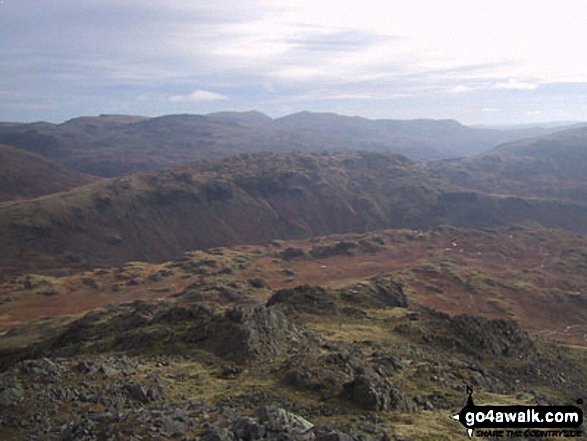 Walk c453 The Scafell Mountains from Wasdale Head, Wast Water - Little Stand (foreground), Pike of Blisco (Pike o' Blisco) (left), Wetherlam and The Old Man of Coniston (right) from Slight Side