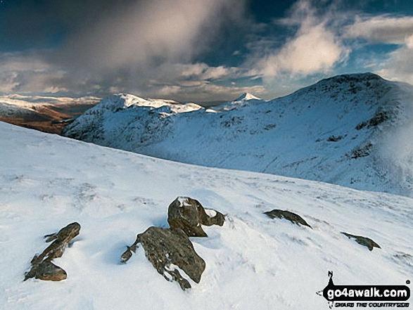 Snow on Ben Narnain (right) and A' Chrois (left) with a distant Ben Lomond prominant between from the summit of Beinn Ime