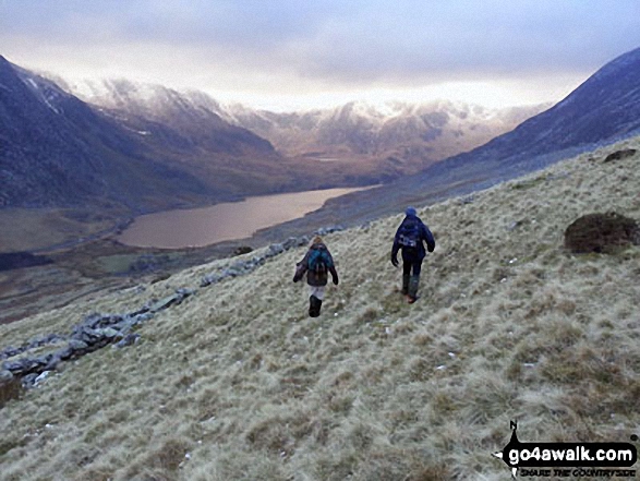 Walk cw129 The Welsh 3000's (Carneddau) from Glan Dena, Llyn Ogwen - Llyn Ogwen and the Ogwen Valley from the lower slopes of Cefn Ysgolion Duon