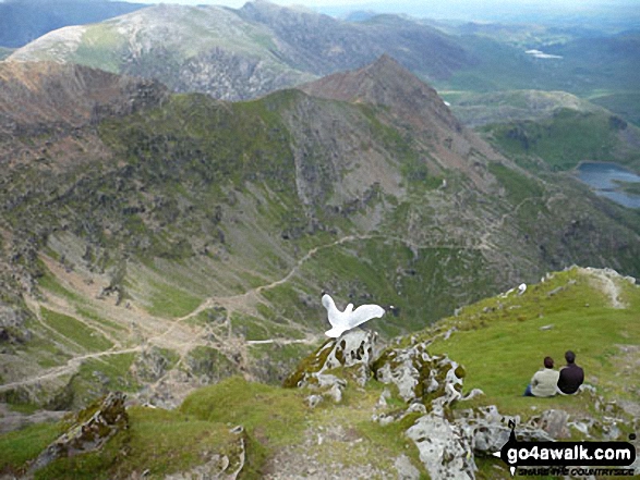 Walk gw186 Garnedd Ugain, Snowdon (Yr Wyddfa) & Moel Cynghorion from Llanberis - Crib Goch (centre right) with the PYG Track (mid path) and the Miners' Track (coming up the valley) seen from the summit of Snowdon (Yr Wyddfa)