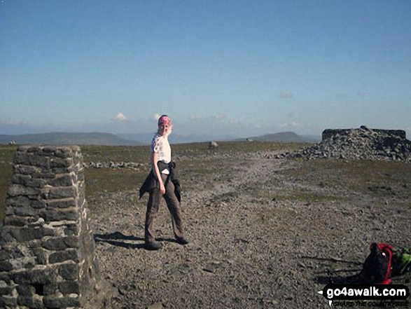 Walk ny119 Ingleborough from Clapham - At the top of Ingleborough - with Whernside (left) and Pen-y-ghent (right) in the distance. The Yorkshire 3 Peaks Challenge Walk completed!