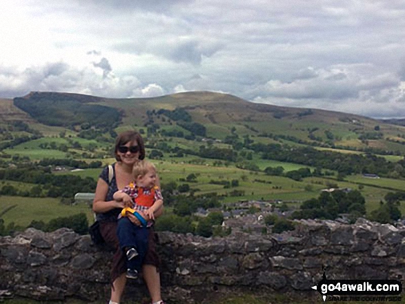 Walk d123 Mam Tor via Cavedale from Castleton - Me and my son in Castleton with Back Tor (Hollins Cross) (left) and Lose Hill (Ward's Piece) (right) in the background