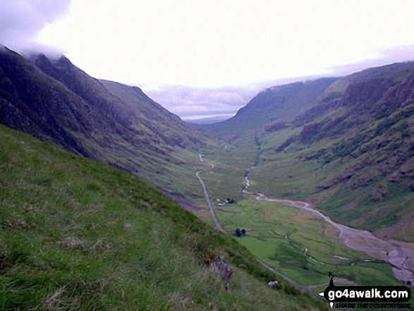 Walk h128 Aonach Eagach from Pass of Glen Coe - Looking East along Glen Coe from the Clachaig Gully below Sgorr nam Fiannaidh (Aonach Eagach)