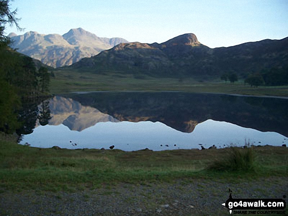 Walk c206 Lingmoor Fell and Little Langdale from Blea Tarn (Langdale) nr Elterwater - Busk Pike and The Langdale Pikes beyond Little Langdale Tarn from near Slater Bridge Bridge, Little Langdale