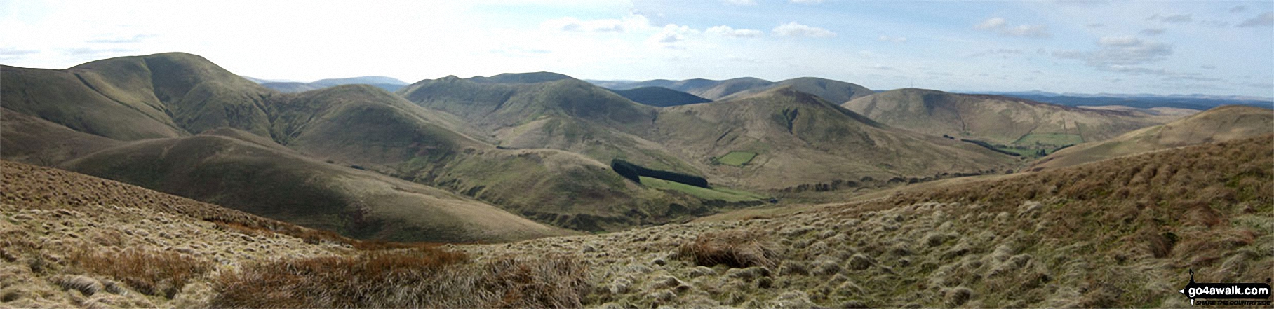 Walk bo114 Lightning Hill, Wether Law (Teviothead), Tudhope Hill and Dod Hill from Linhope Farm - Tudhope Hill, Carlin Tooth (Teviothead), Ellson Fell, Bye Hill, Dan's Hag, Frodshaw Height, Pikethaw Hill, Wisp Hill and Comb Hill (Langhope Height) and The Mosspaul Hotel from Wether Law (Teviothead)