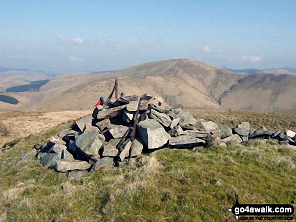 Walk bo121 Wisp Hill (Teviothead) and Pikehaw Hill from Mosspaul Hotel - Pikethaw Hill summit cairn with Wisp Hill (Teviothead) beyond