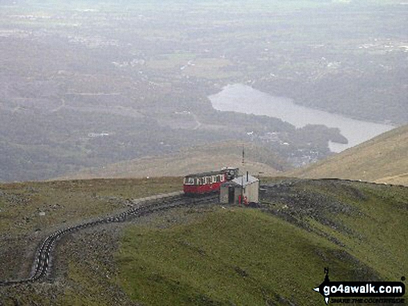 Walk gw140 Snowdon via The Rhyd-Ddu Path - The Snowdon Mountain Railway with Llyn Padarn and Llanberis beyond