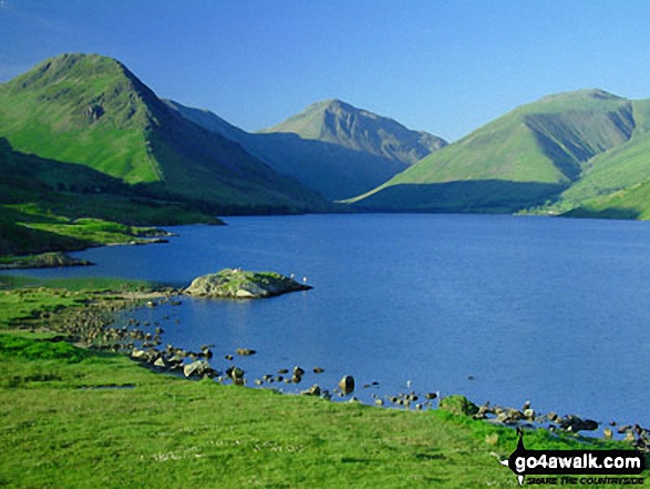 Walk c111 Scafell Pike from Wasdale Head, Wast Water - Wasdale Head featuring Yewbarrow (left), Great Gable (centre) and Lingmell (right) from across Wast Water