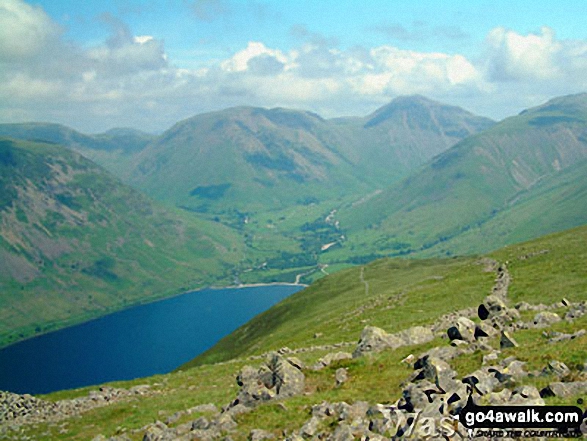 Walk c440 Whin Rigg, Illgill Head and Boat How from Miterdale Bridge - Wast Water, Yewbarrow (left), Kirk Fell (centre left), Great Gable (centre right) and Lingmell Fell (right) from Illgill Head