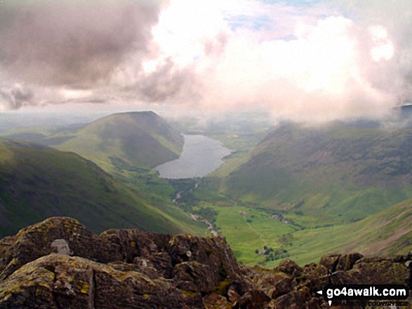 Walk c233 Sca Fell and Scafell Pike from Wasdale Head, Wast Water - The Wasdale Valley featuring Lingmell (left), Illgill Head and Whin Rigg (left of centre in the distance), Wast Water (centre) and Yewbarrow (right) from near Westmorland Cairn on the summit of Great Gable