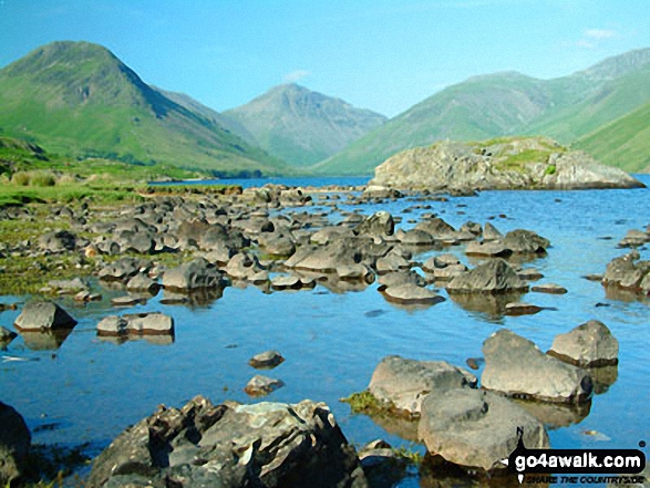 Walk c233 Sca Fell and Scafell Pike from Wasdale Head, Wast Water - Wasdale Head featuring Yewbarrow (left), the shoulder of Kirk Fell, Great Gable (centre) and Lingmell (right) from across Wast Water