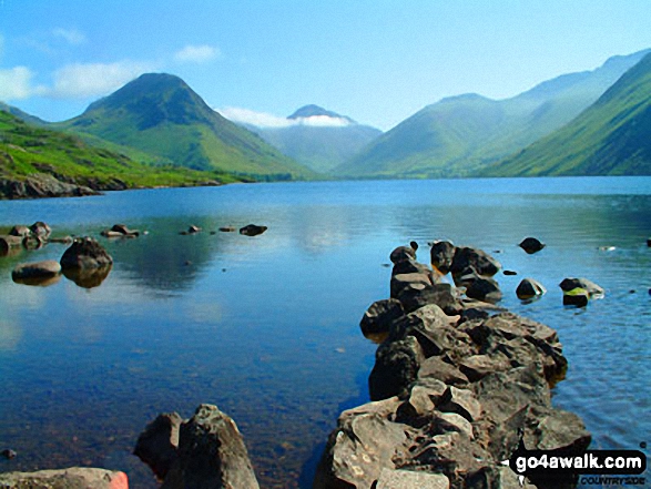 Wasdale Head featuring Yewbarrow (left), Great Gable (centre), Lingmell (right) and the lower slopes of Scafell Pike (right) from across Wast Water 