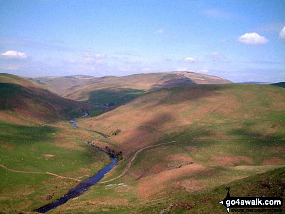 Walk n172 Usway Burn and Clennel St from Alwinton - The River Conquet with Shillmoor in the Distance