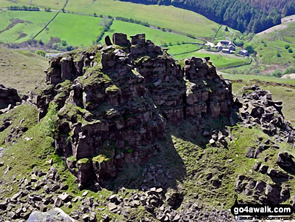 Looking down on The Tower at Alport Castles with the Ashop Valley beyond 