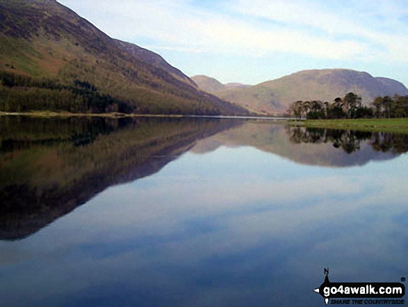 Walk c221 A Circuit of Crummock Water from Buttermere - Buttermere Lake - with the lower slopes of High Stile (left), Hen Comb (centre) and Mellbreak (right)