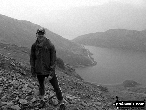 Walk gw136 The Snowdon (Yr Wyddfa) Horseshoe from Pen y Pass - My sister on the Miners' Track up Snowdon with Glaslyn in the background