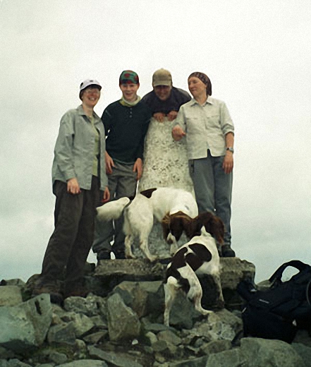 Walk gw123 Cadair Idris (Penygadair) Cyfrwy and Craig Cwm Amarch from Llanfihangel-y-pennant - My son, two friends and their dogs and me on the summit of Cadair Idris