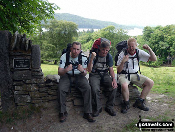 Walk c131 Latterbarrow and Claife Heights (High Blind How) from Far Sawrey - Iain, Tim and I finishing the mammoth 80 odd mile Dales Way walk at Windermere on the finishing seat